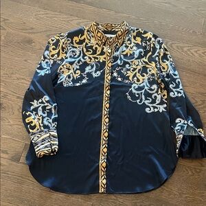 Chico’s Ornate Baroque Print Satin Button-Up Shirt Navy Gold Size 2 (12)